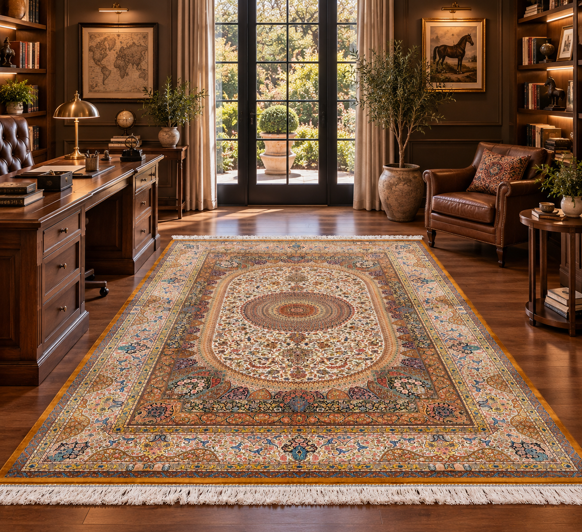 7×10 ft Silk Rug – Ivory, Gold & Multicolor Ornate Medallion Area Rug, Luxury Traditional Turkish Design