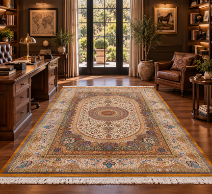 7×10 ft Silk Rug – Ivory, Gold & Multicolor Ornate Medallion Area Rug, Luxury Traditional Turkish Design