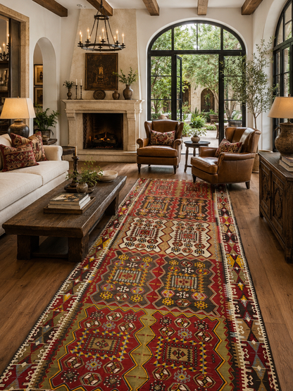 Antique Handwoven Turkish Anatolian Kilim Rug – 13’3” × 5’9” – Approx. 90–100 Years Old – Large Vintage Tribal Wool Area Rug with Authentic Geometric Motifs