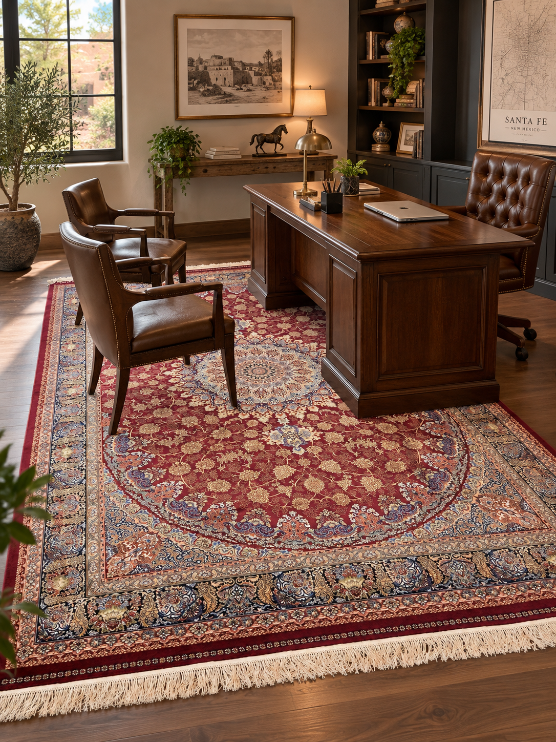 7x10 Luxury Silk Rug – Elegant Burgundy Floral Medallion with Navy Blue & Ivory Details – Woven Turkish Area Rug