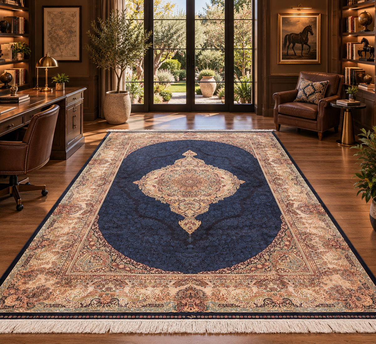 7x10 ft Bamboo Silk Rug – Navy Blue & Beige Medallion Area Rug, Elegant Traditional Floral Design