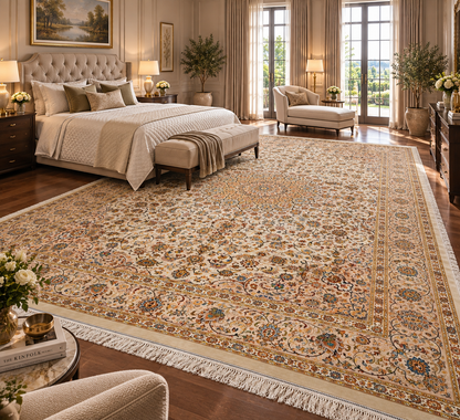 8x12 Silk Rug – Ivory & Beige Floral Medallion Woven Area Rug – Elegant Traditional Large Rug