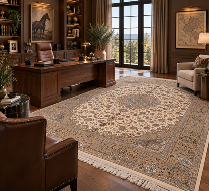 7×10 ft Silk Rug – Ivory & Beige Medallion Area Rug, Elegant Neutral Floral Turkish Design, Luxury Large Rug