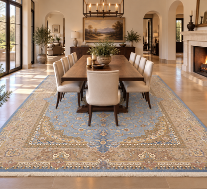 Luxury Bamboo Silk Area Rug – 13.4’ × 9.7’ | Grand Medallion Design | Premium Blue & Ivory Statement Rug