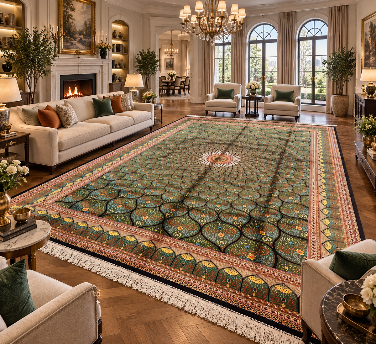 8x12 Silk Rug – Emerald Green & Turquoise Floral Medallion Woven Area Rug