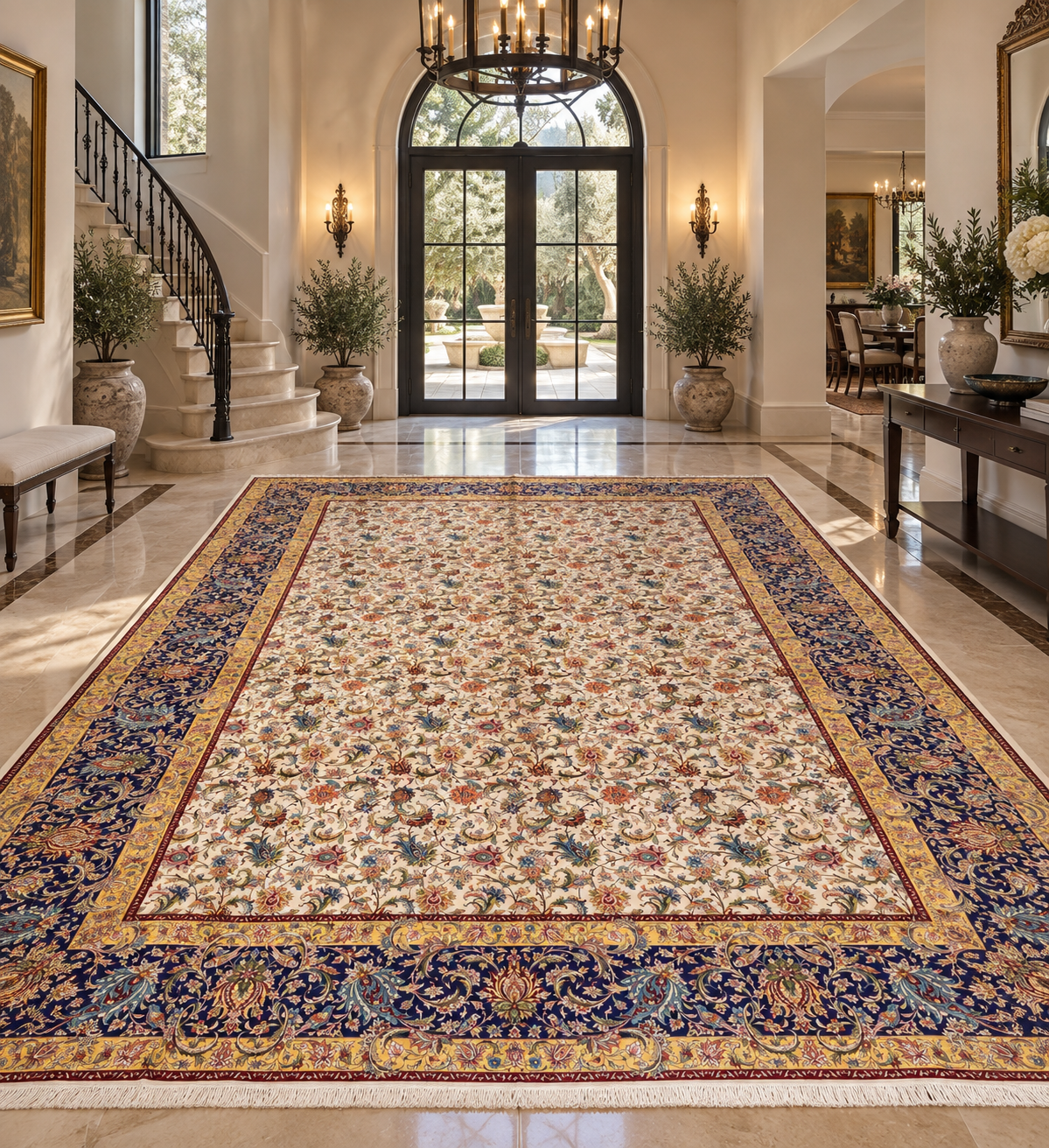 Large Bamboo Silk Area Rug 11.3x7.9 Ft, Luxury Hereke Style Rug, Floral Living Room Carpet, Ivory Navy Blue Designer Rug
