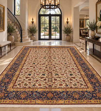 Large Bamboo Silk Area Rug 11.3x7.9 Ft, Luxury Hereke Style Rug, Floral Living Room Carpet, Ivory Navy Blue Designer Rug