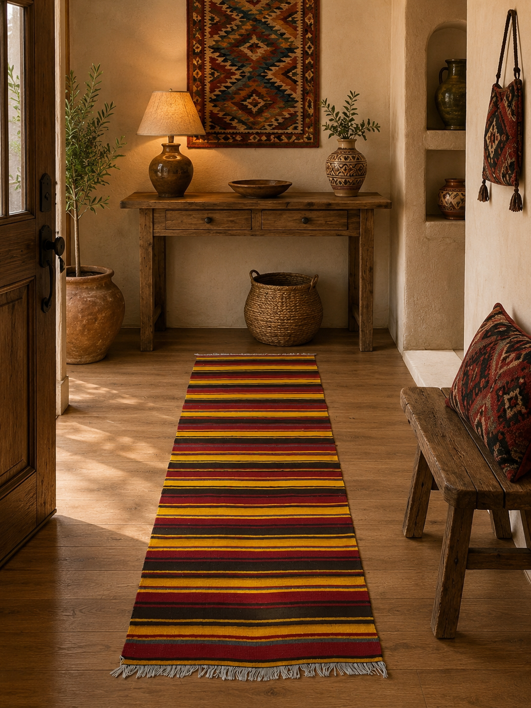 Vintage Turkish Kilim Runner Rug 10’7” x 2’3” – Handwoven Wool Striped Hallway Rug, Rustic Southwestern Boho Flatweave