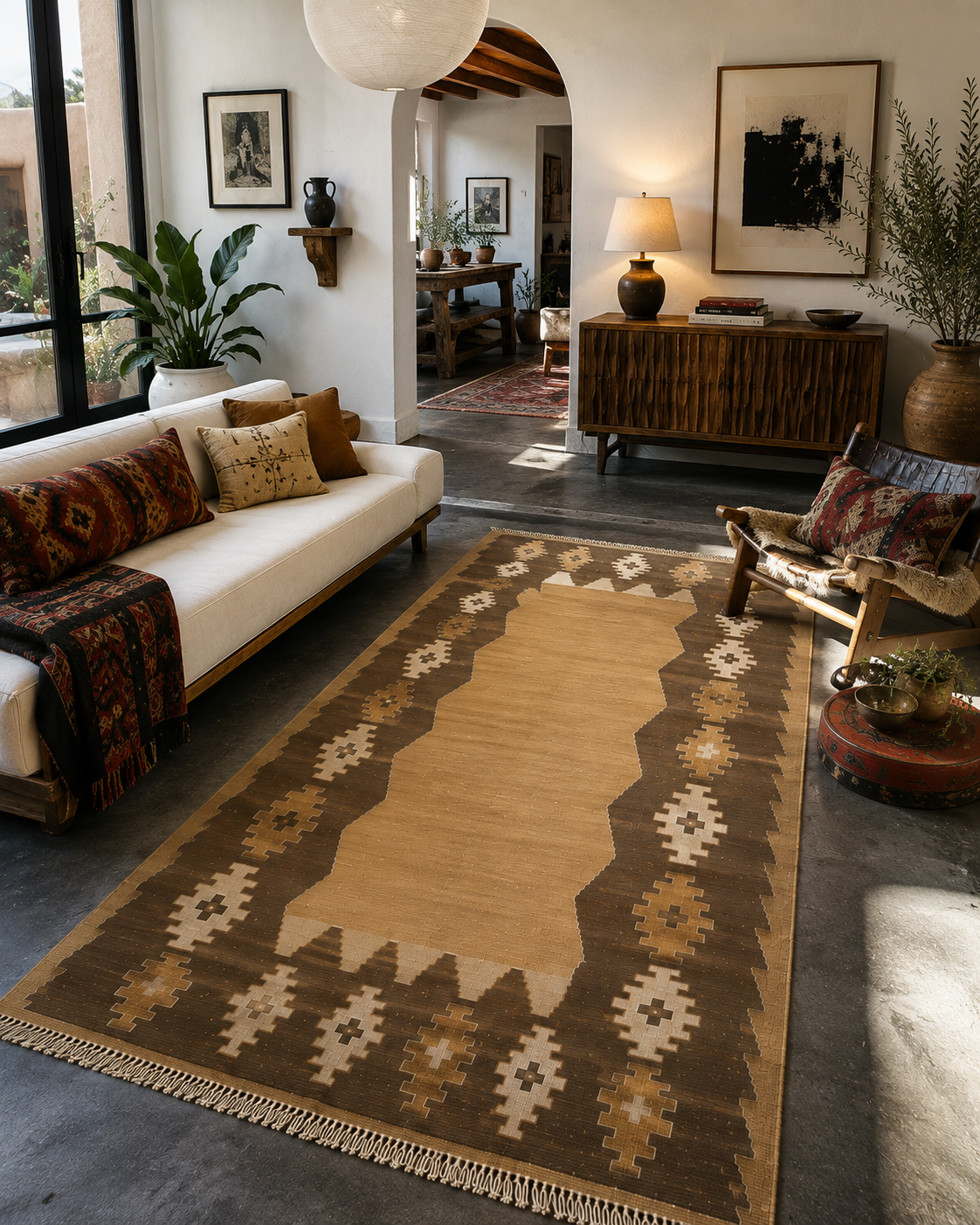 Turkish Kilim Rug 7’ x 5’2” – Handwoven Wool Flatweave, Neutral Tribal Design, Southwestern Boho Area Rug