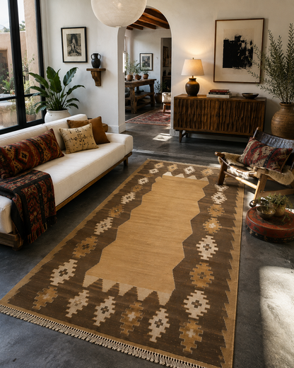 Turkish Kilim Rug 7’ x 5’2” – Handwoven Wool Flatweave, Neutral Tribal Design, Southwestern Boho Area Rug