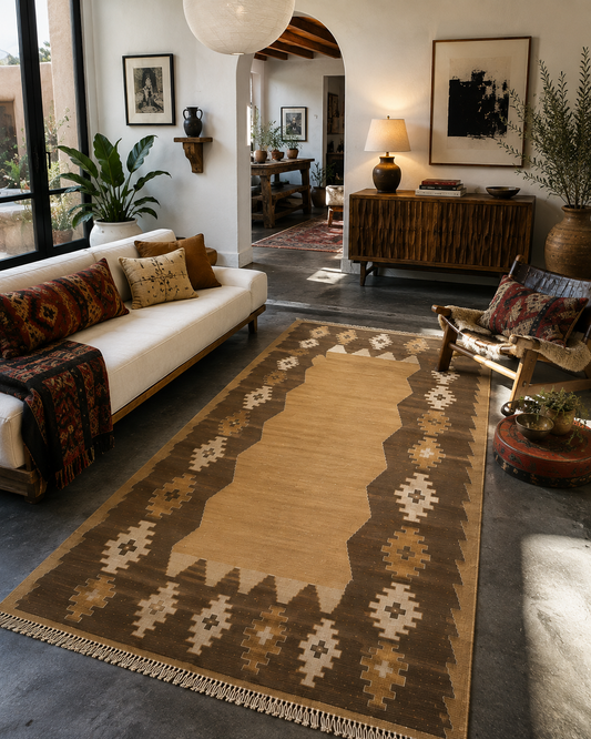 Turkish Kilim Rug 7’ x 5’2” – Handwoven Wool Flatweave, Neutral Tribal Design, Southwestern Boho Area Rug