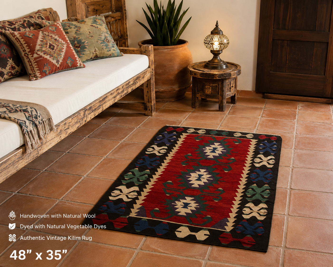 Authentic Anatolian Handwoven Vintage Kilim – Natural Wool Accent Rug for Rustic & Southwestern Homes – 48” x 35”