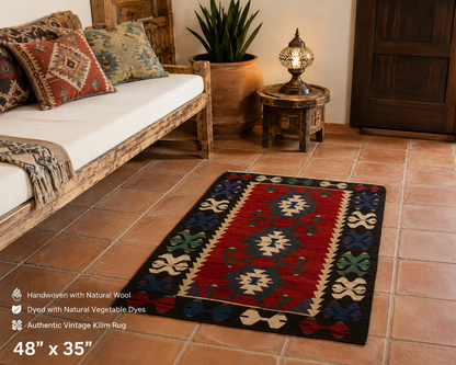 Authentic Anatolian Handwoven Vintage Kilim – Natural Wool Accent Rug for Rustic & Southwestern Homes – 48” x 35”