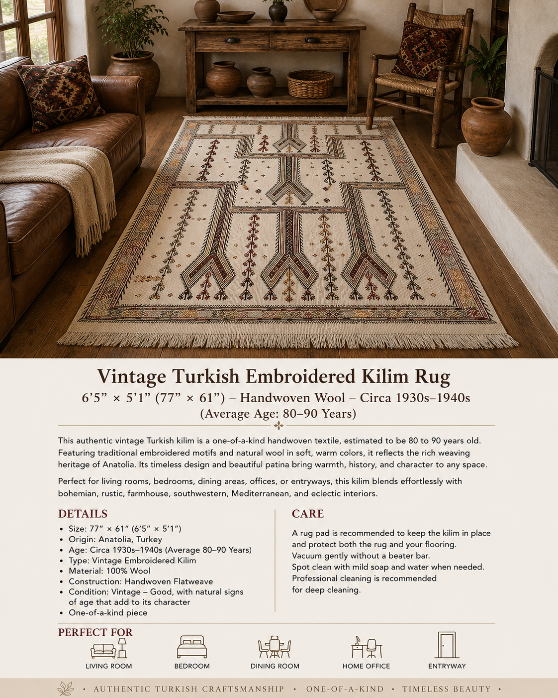 Vintage Turkish Embroidered Kilim Rug – 6’5” × 5’1” – Handwoven Wool Flatweave – 80–90 Year Old Anatolian Kilim – One-of-a-Kind
