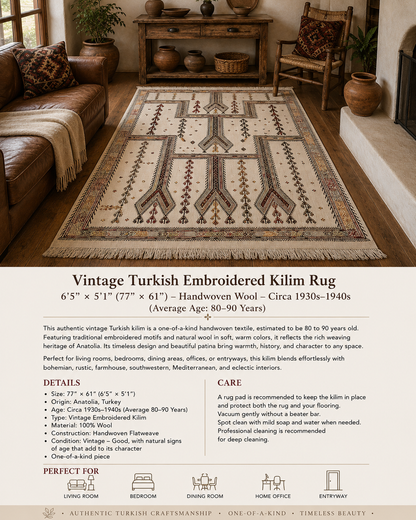 Vintage Turkish Embroidered Kilim Rug – 6’5” × 5’1” – Handwoven Wool Flatweave – 80–90 Year Old Anatolian Kilim – One-of-a-Kind