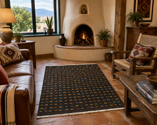 Vintage Embroidered Turkish Kilim Rug, 42” x 40”, Handwoven Wool, Small Tribal Accent Rug, Rustic Southwestern Home Decor