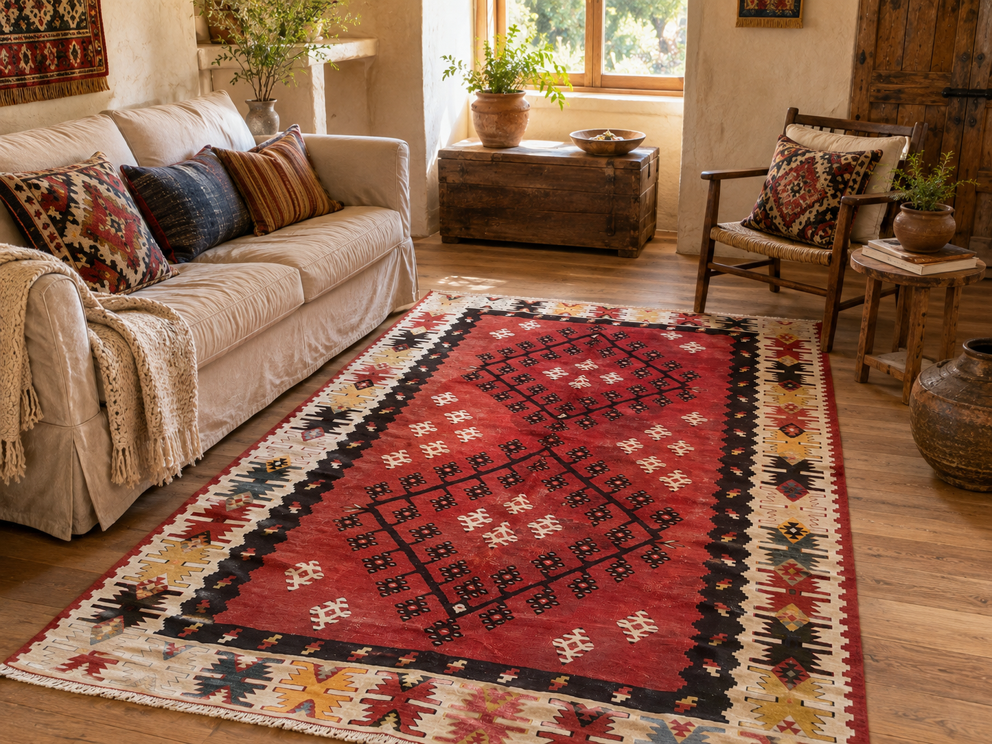 Antique Handwoven Sarkoy Kilim Rug 6’7” x 4’6” – 100-Year-Old Western Turkey Wool Flatweave Tribal Area Rug