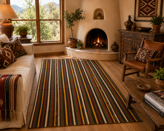 Vintage Turkish Striped Kilim Rug 8’11” x 5’6”, Handwoven Wool Flatweave, Anatolian Tribal Rug, Rustic Southwestern Farmhouse Decor