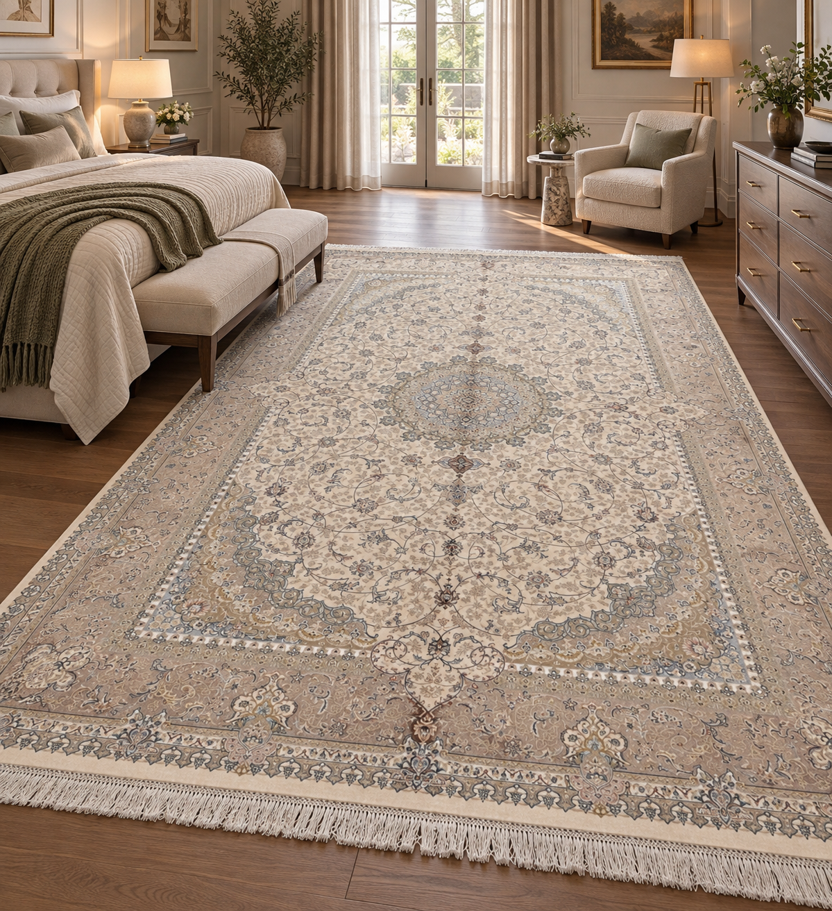 5x8 Bamboo Silk Rug – Ivory & Beige Medallion Design – Elegant Woven Turkish Area Rug