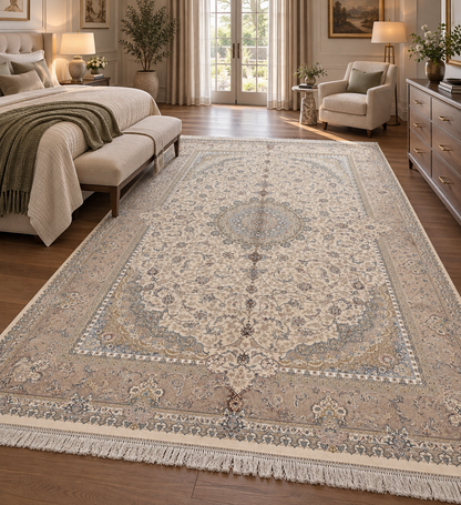 5x8 Bamboo Silk Rug – Ivory & Beige Medallion Design – Elegant Woven Turkish Area Rug