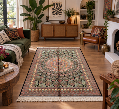 4x6 ft Silk Rug – Sage Green, Ivory & Soft Blue Floral Medallion Area Rug, Elegant Botanical Design
