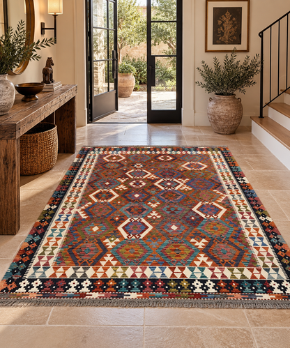 6x8 Fine Quality Turkish Kilim Rug – Handwoven Multicolor Medallion Anatolian Statement Rug
