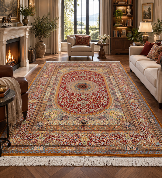 5x8 Rich Red Silk Rug – Grand Floral Medallion Design with Gold & Ivory Details