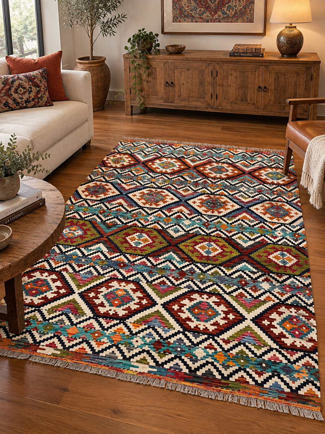 6x8 Fine Quality Turkish Kilim Rug – Handwoven Geometric Diamond Medallion Anatolian Rug