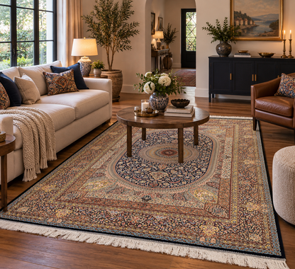 5’ x 8’ Luxury Navy Blue Bamboo Silk Rug – Grand Medallion Floral Design, Ivory & Gold Accents, Fine Woven Statement Rug