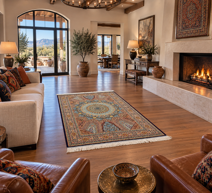 3x5 ft Blue Bamboo Silk Rug – Grand Medallion Floral Design, Navy & Gold Luxury Silk Accent Rug for Living Room & Bedroom