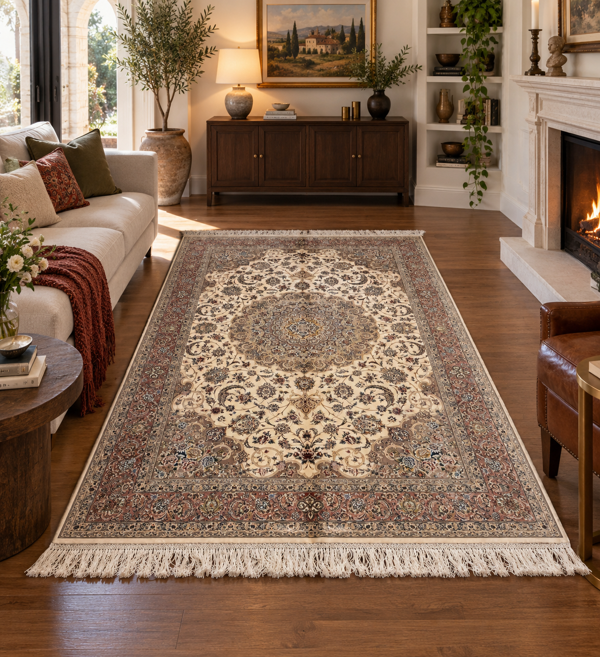 4x6 ft Ivory Silk Rug – Taupe & Mocha Floral Medallion Area Rug, Elegant Neutral Classic Design
