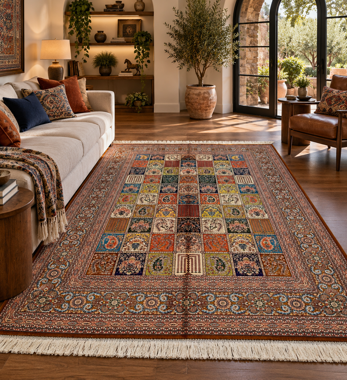 5x8 Luxury Bamboo Silk Rug – Rich Multicolor Garden Panel Design – Ornate Turkish Statement Area Rug