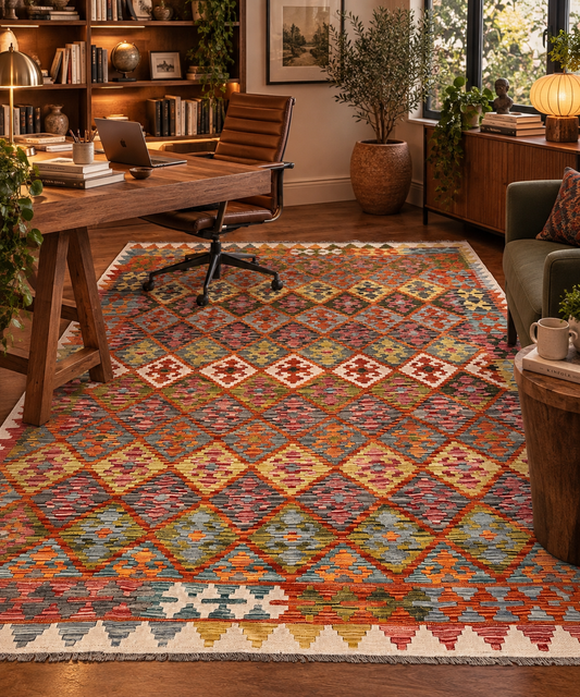 7x10 Turkish Kilim Rug – Multicolor Geometric Diamond Design, Handwoven Wool Area Rug