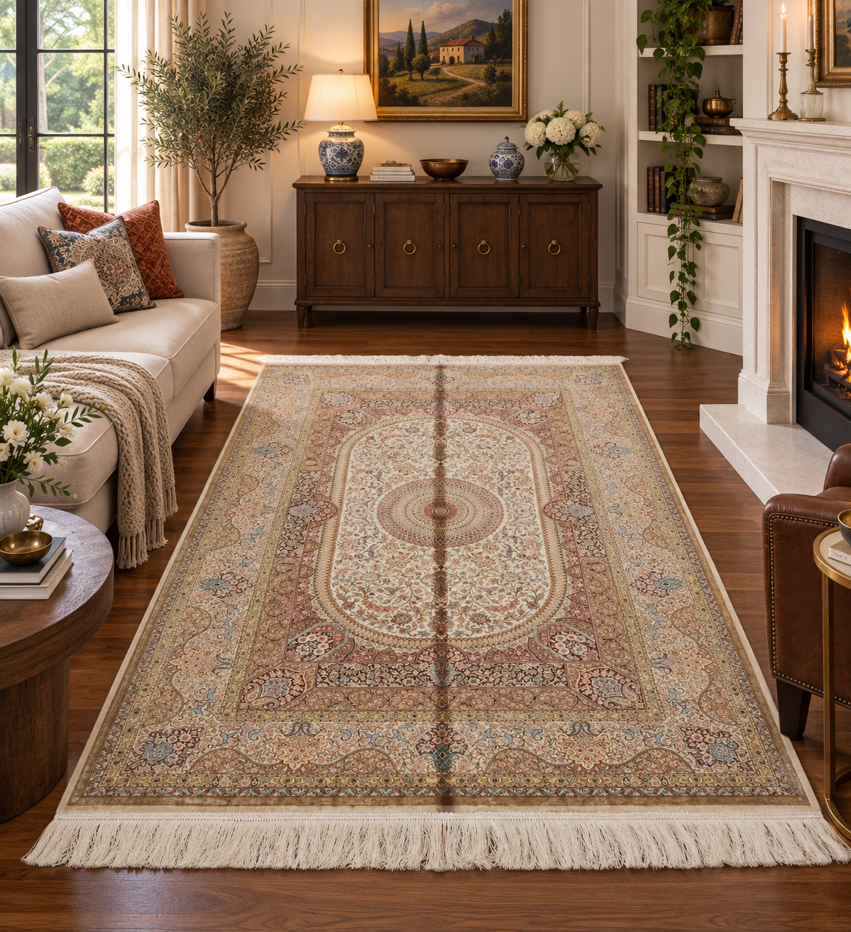 4x6 ft Bamboo Silk Rug – Ivory & Mocha Floral Medallion Area Rug – Elegant Luxury Silk Rug