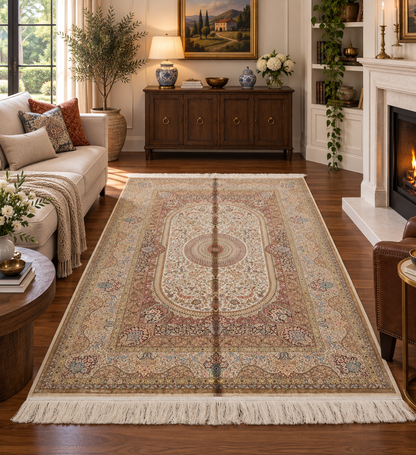 4x6 ft Bamboo Silk Rug – Ivory & Mocha Floral Medallion Area Rug – Elegant Luxury Silk Rug