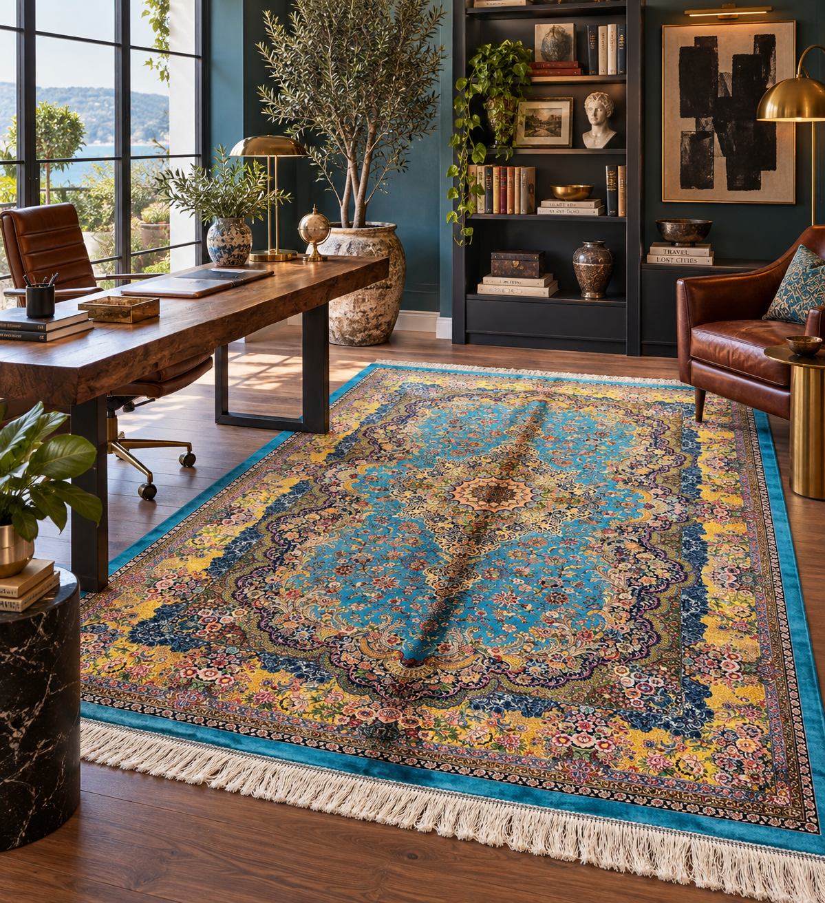 5’ x 8’ Luxury Turquoise Blue Bamboo Silk Rug – Grand Floral Medallion Design, Gold Accents, Fine Woven Statement Rug