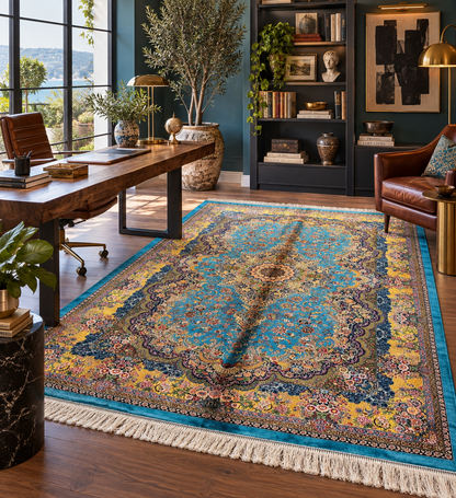 5’ x 8’ Luxury Turquoise Blue Bamboo Silk Rug – Grand Floral Medallion Design, Gold Accents, Fine Woven Statement Rug