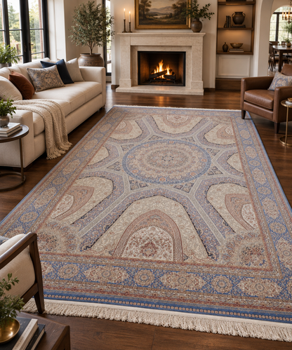 7x10 Silk Rug – Grand Architectural Medallion Design in Ivory, Soft Blue & Burgundy – Woven Turkish Area Rug