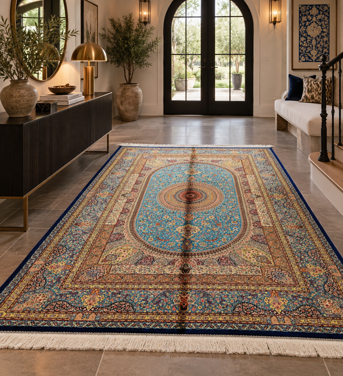 5’ x 8’ Luxury Turquoise Blue Bamboo Silk Rug – Ornate Medallion Floral Design, Fine Woven Statement Area Rug