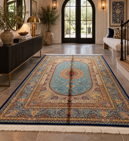 5’ x 8’ Luxury Turquoise Blue Bamboo Silk Rug – Ornate Medallion Floral Design, Fine Woven Statement Area Rug