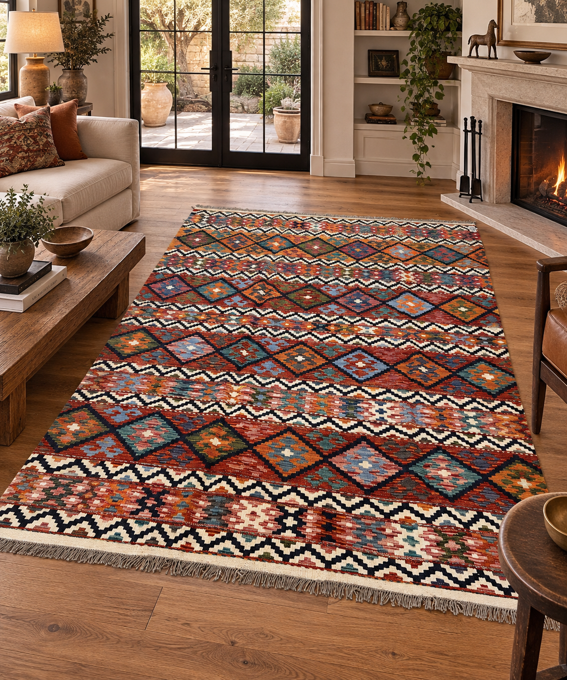 6x8 Fine Quality Turkish Kilim Rug – Handwoven Colorful Diamond & Stripe Anatolian Area Rug