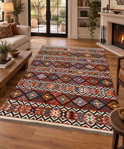 6x8 Fine Quality Turkish Kilim Rug – Handwoven Colorful Diamond & Stripe Anatolian Area Rug