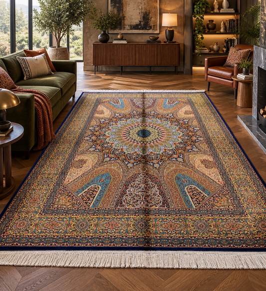 5x8 Multicolor Silk Rug – Architectural Starburst Medallion with Turquoise & Gold Details