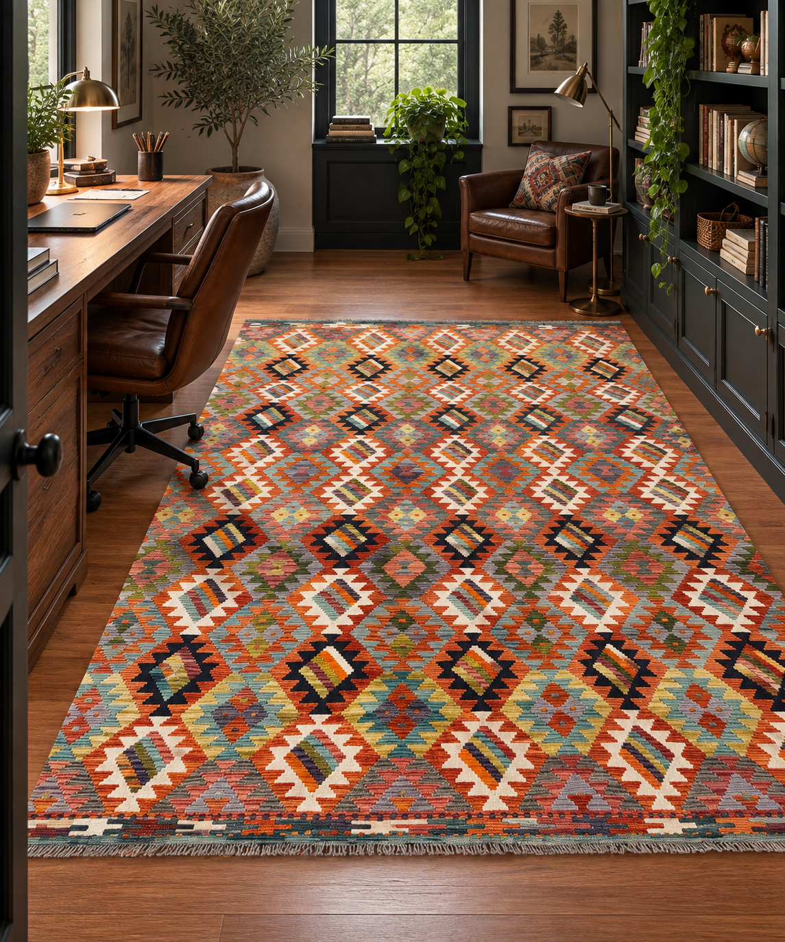 7x9 Handwoven Turkish Kilim Rug – Colorful Geometric Anatolian Design – Fine Quality Wool Area Rug