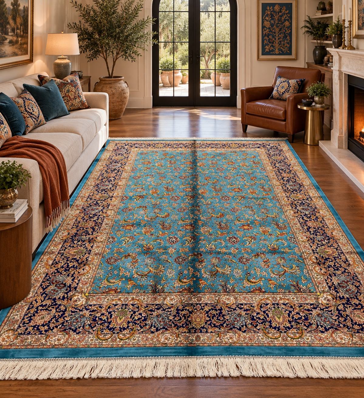 5x8 Luxury Turquoise Bamboo Silk Rug – Intricate All-Over Floral Design with Navy Border – Elegant Turkish Statement Area Rug