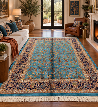 5x8 Luxury Turquoise Bamboo Silk Rug – Intricate All-Over Floral Design with Navy Border – Elegant Turkish Statement Area Rug