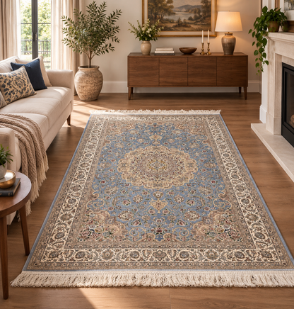 4x6 ft Silk Rug – Soft Blue & Ivory Floral Medallion Area Rug, Elegant Classic Design