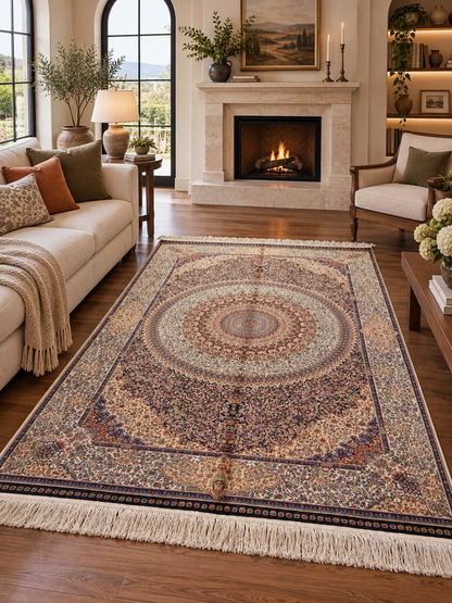 4x6 ft Silk Rug – Brown, Ivory & Navy Ornate Medallion Area Rug with Intricate Floral Design and Rich Traditional Details