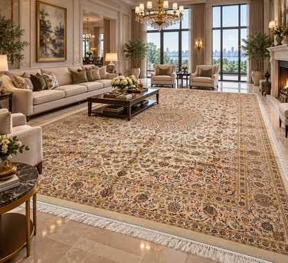 8x12 Silk Rug – Ivory & Beige Floral Medallion Woven Area Rug – Elegant Traditional Large Rug