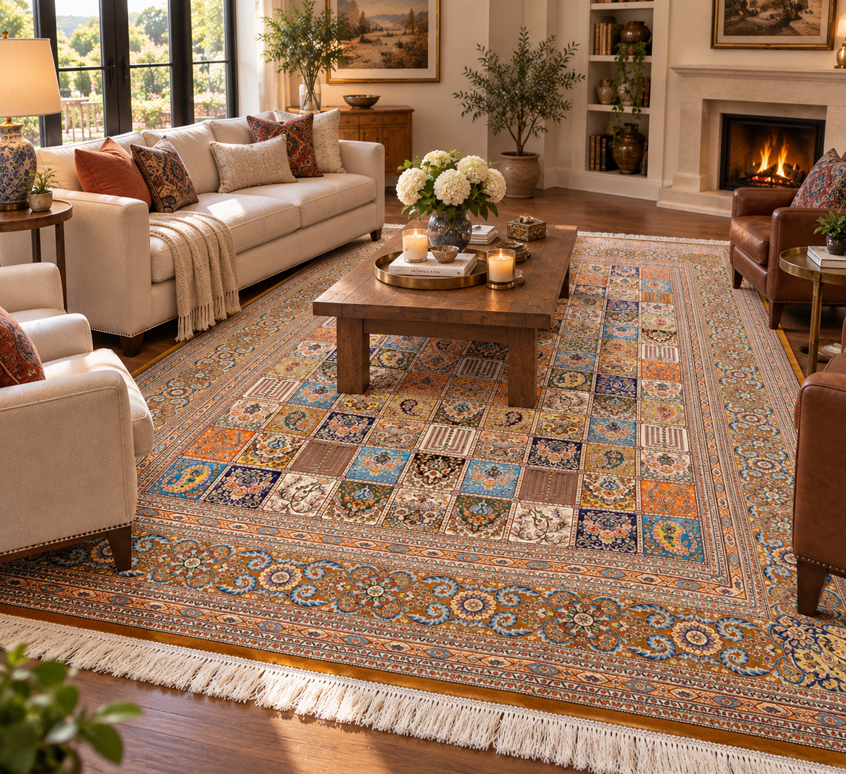 7’ x 10’ Luxury Silk Rug – Multicolor Garden Panel Design – Intricate Woven Turkish Area Rug